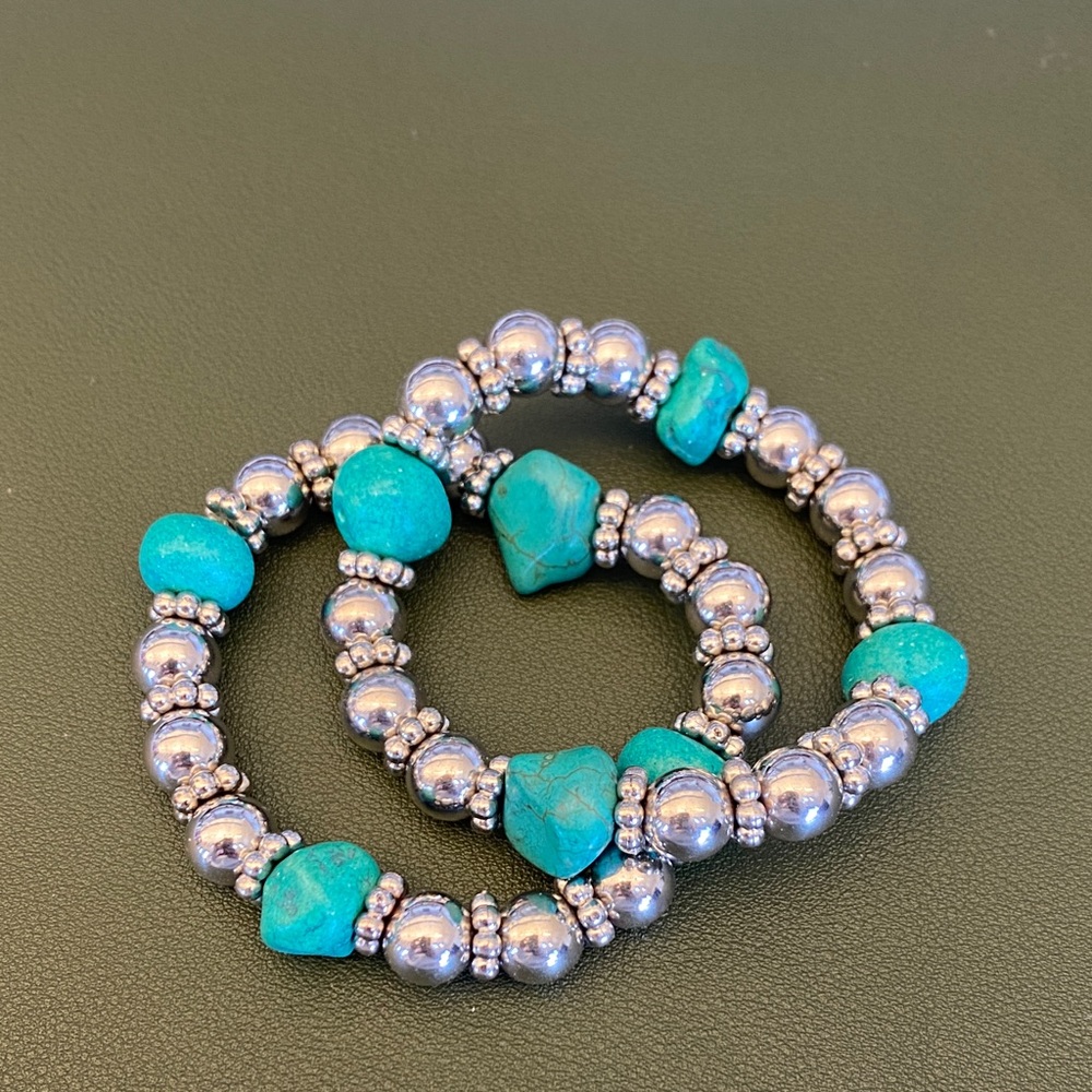 Turquoise and Silver Beaded Bracelet Set